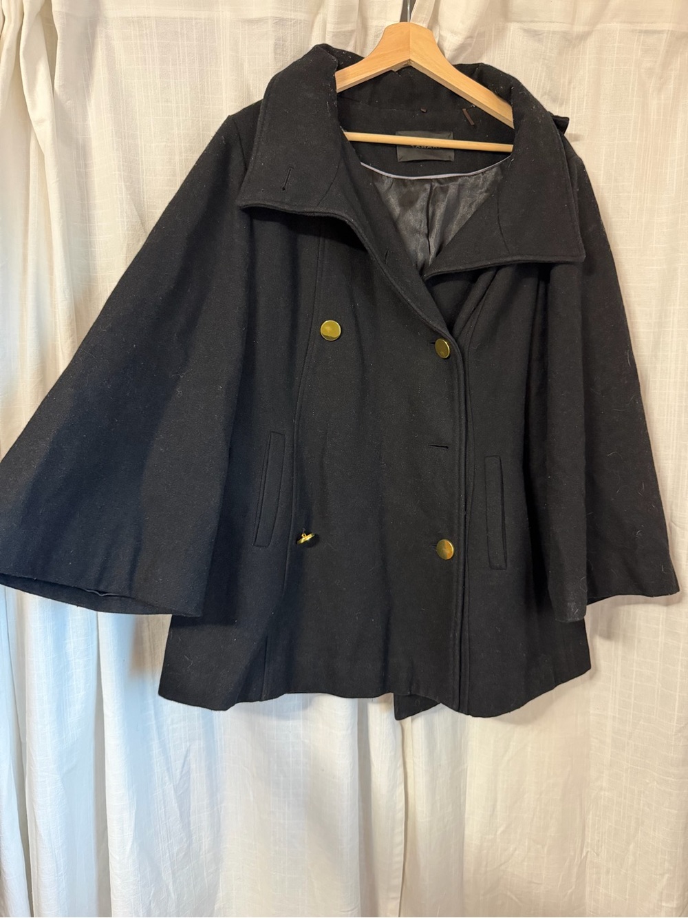 Tahari Black Wool-Blend Cape with Gold Buttons